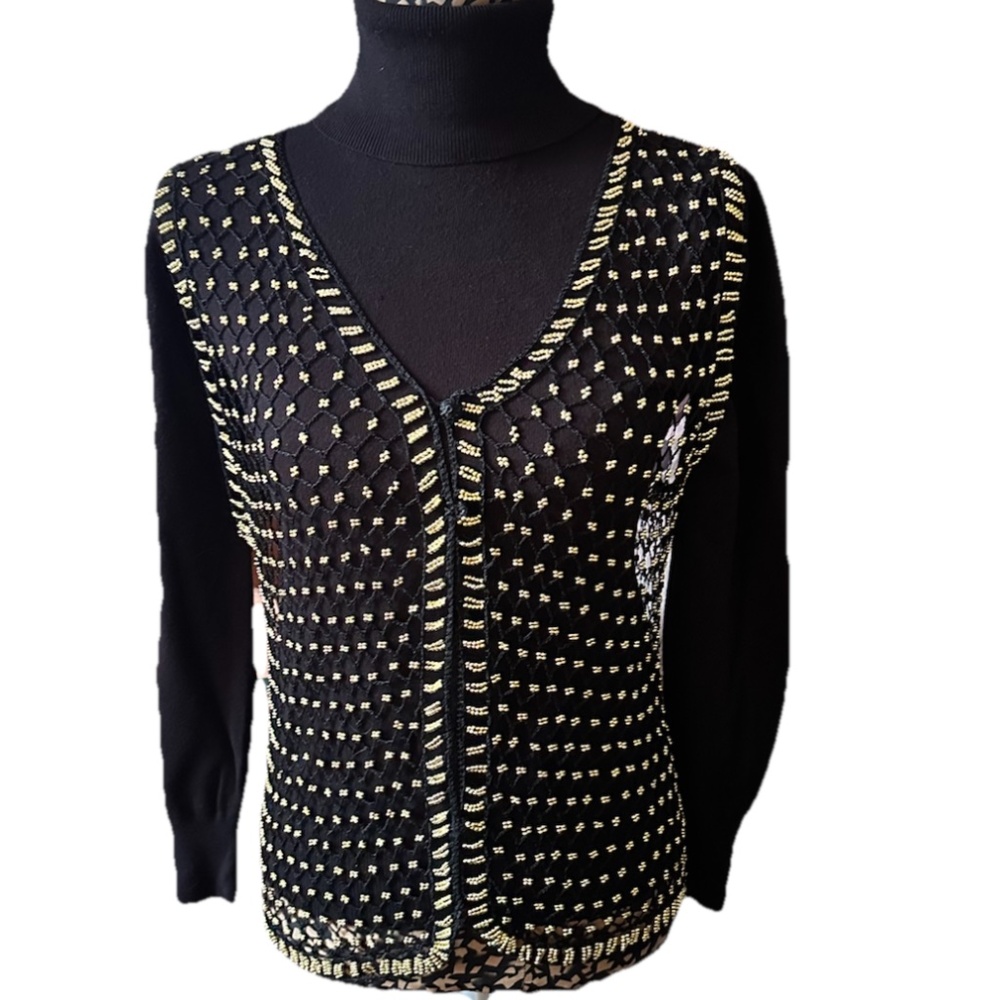 Black & Gold Beaded Cardigan Sweater | Vintage Glam